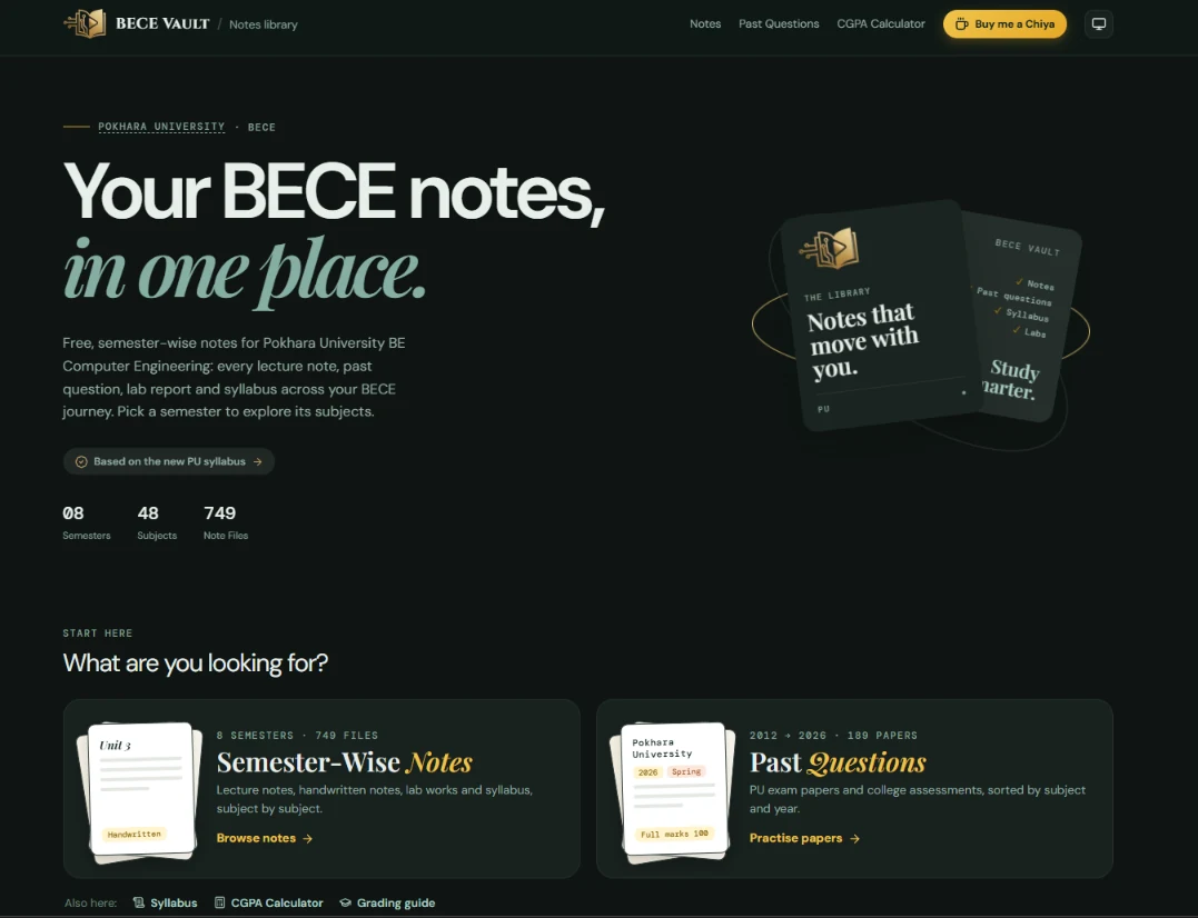 The BECE Vault home page in dark mode, with a "Your BECE notes, in one place" heading, counts of semesters, subjects and note files, and cards for semester-wise notes and past questions
